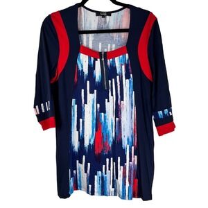 Lior Paris Dress Medium Navy Multi. Abstract Modern, 3/4 sleeve, zip front, EUC